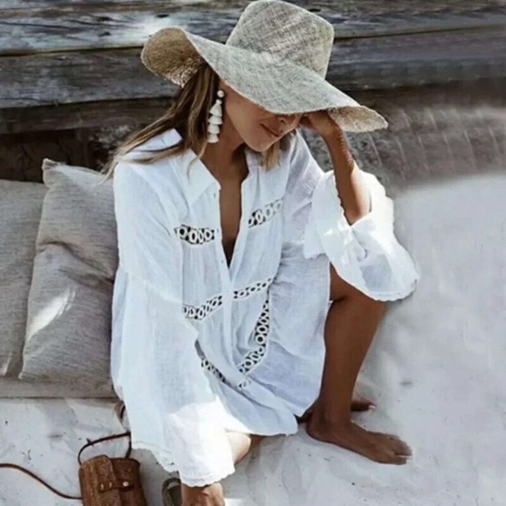 Long Sleeve Cut Out Bohemian Shirt Cover Up